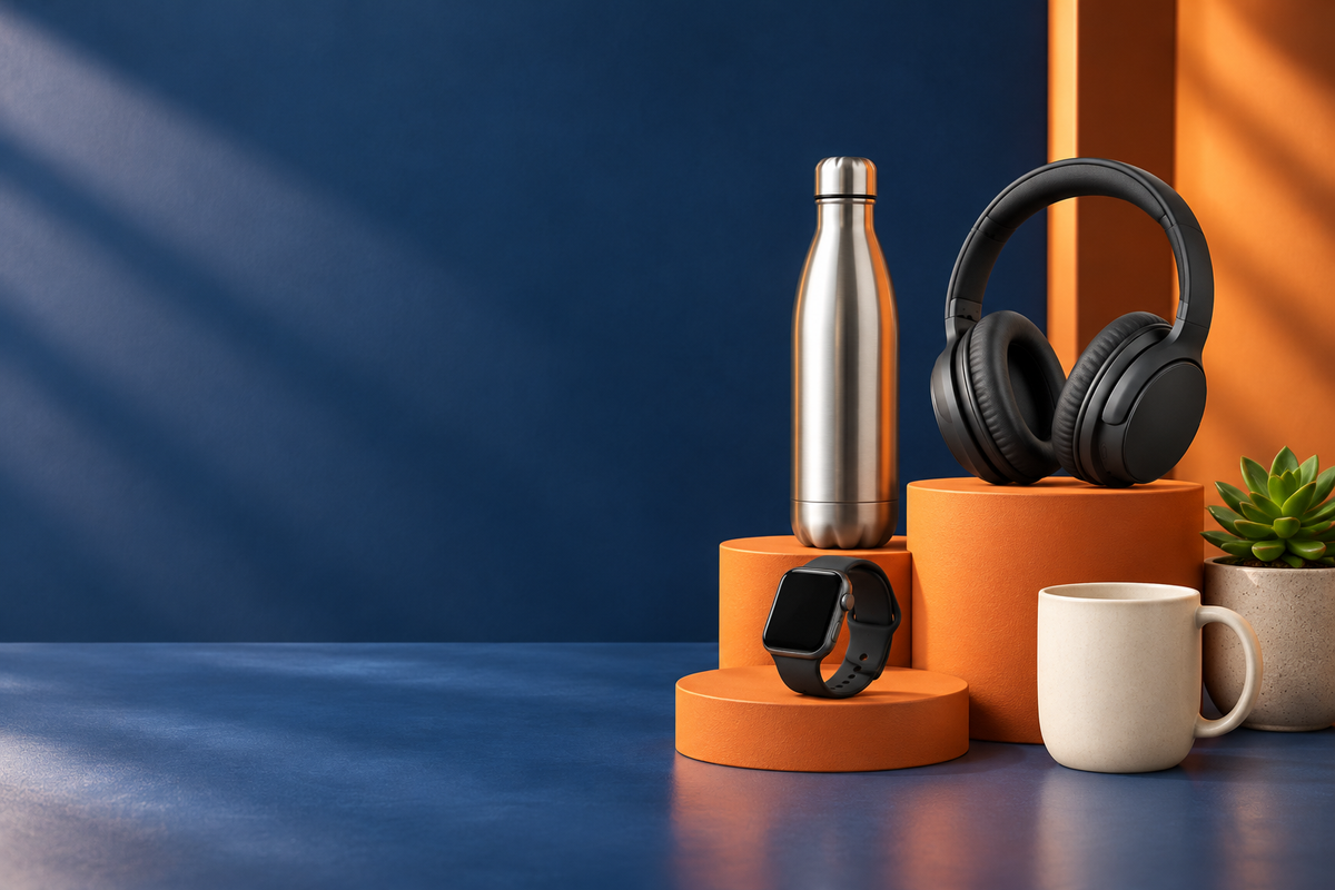 Blue and orange hero banner featuring store products